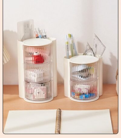360° Rotating Transparent Plastic Desk Organizer | Makeup & Stationery Holder | Multi-Compartment Table Storage Box | Pen & Cosmetic Brush Stand for Office, Home & Vanity Use
