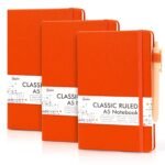 3 Pack Notebooks Journals Bulk with 3 Black Pens, Feela A5 Hardcover Notebook Classic Ruled Lined Journal Set with Pen Holder for Work Business Journaling Note Taking, 120 GSM, 5.1”x8.3”, Orange