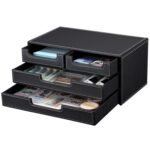 KINGFOM? 4 Small Drawer PU Leather Office Desk Organizer, Multi-functional Stationery Box (Black with Drawer)