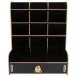 Wood Desktop Organizer, Large Capacity Tabletop Storage Cabinet Sturdy and Durable Smooth Surface Multi Slots for Office Accessory Stationery for Home(Black, Blue)