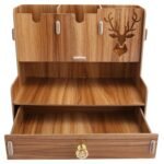 Stationery Organizer, Corrosion Resistant Large Capacity Design Desktop Shelf for Schools and Offices for Desktop Decoration(Cherry Wood, Blue)