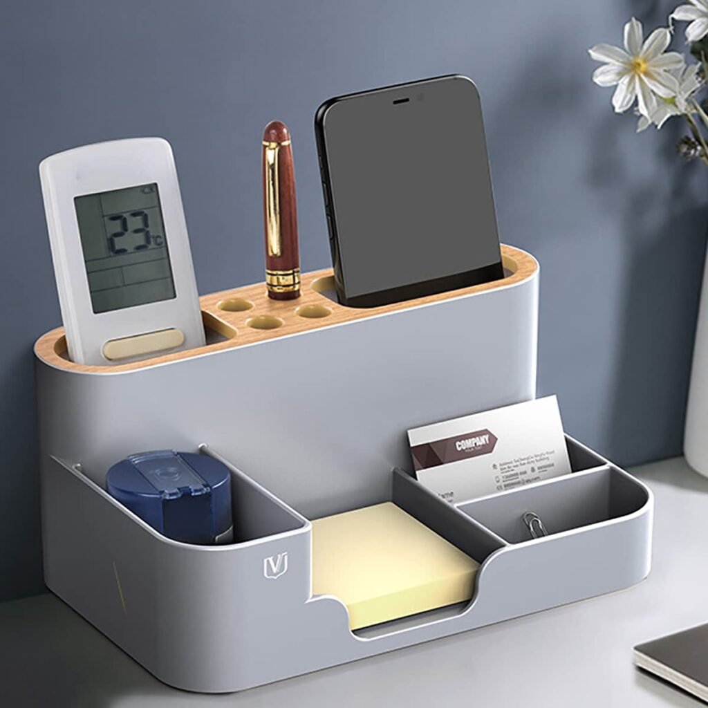 ALMEKAQUZ Stationery Storage Box For Office Desktop, Divided Storage, Plastic Pen Container for Office Supplies,Stationery Stand Storage Box for Countertop and Bathroom...