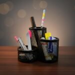 Apex Metal Pen & Pencil Holder Stand for Desk | 3-Compartment Black Metal Mesh Organizer for Office, Home & Study Table | Durable Stationery Storage Stand with Premium Finish