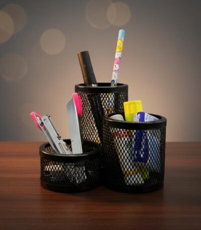 Apex Metal Pen & Pencil Holder Stand for Desk | 3-Compartment Black Metal Mesh Organizer for Office, Home & Study Table | Durable Stationery Storage Stand with Premium Finish