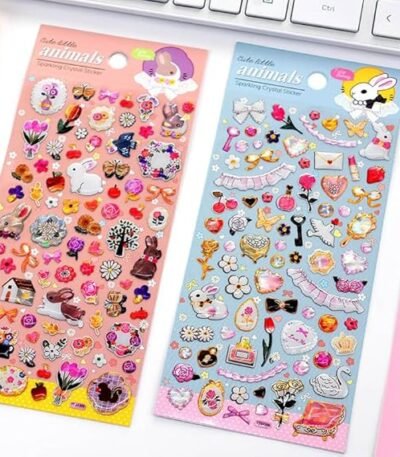 Cute Little Animals Sparkling Crystal Stickers Set – Bunny, Flower & Heart Rhinestone Stickers for Journaling, Scrapbooking, Planners, DIY Crafts & Kids Stationery