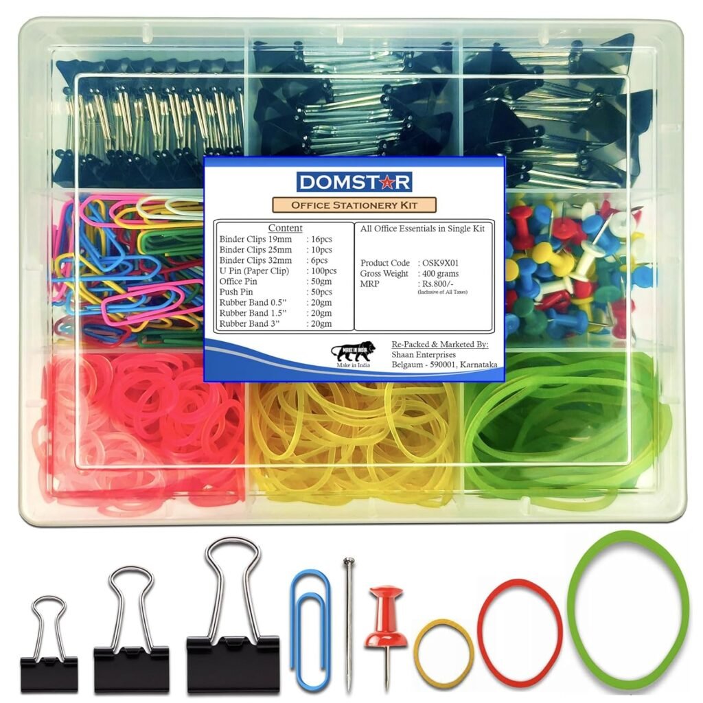 DOMSTAR 9in1 Essential Office Stationery Kit | Assorted Binder Clips, Paper Clip, Office Pin, Push Pin, Rubber Band Combo
