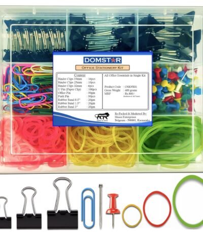 DOMSTAR 9in1 Essential Office Stationery Kit | Assorted Binder Clips, Paper Clip, Office Pin, Push Pin, Rubber Band Combo