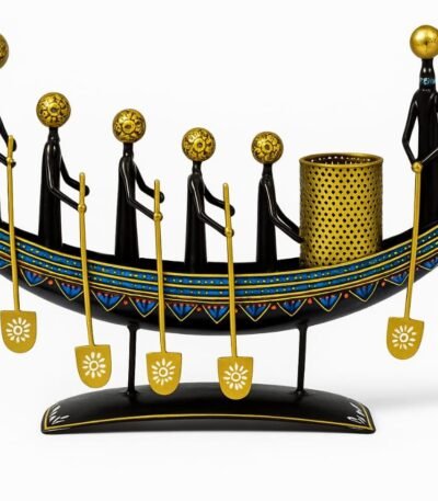 Handcrafted Boat Shape Metal Pen Stand with Tribal Figurines | Decorative Pencil & Stationery Holder for Home Office Desk | Golden Brass Finish Tabletop Showpiece (Black & Gold)