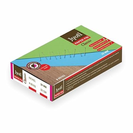 Jyoti Paper Pin - Classic (50 Grams of 0.85x26mm Steel Pin in Nickel Finish in a Paper Box), Re-Usable Pins for Holding Loose Papers & Document Organizing, School, Office, and...