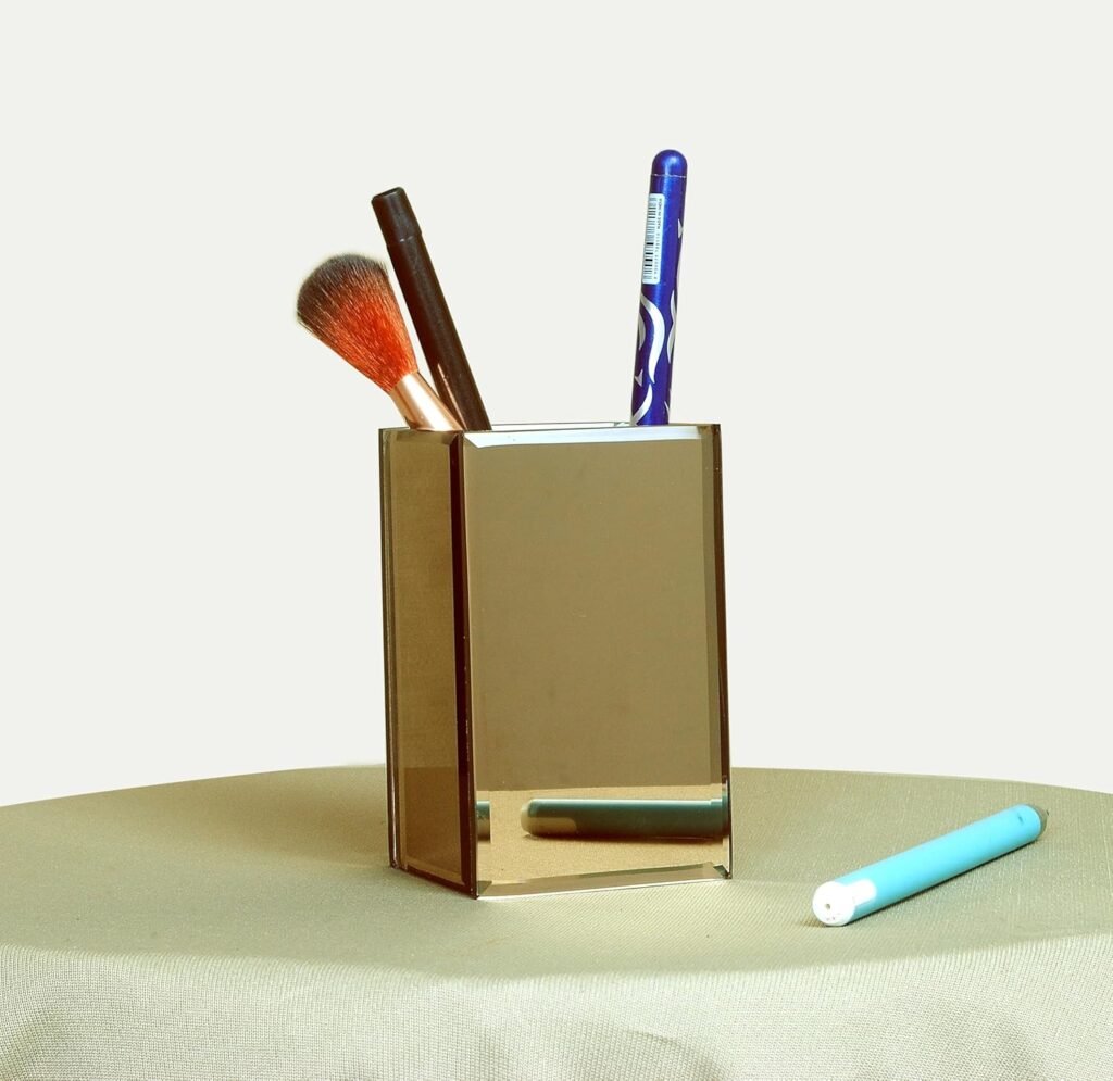 Luxury Brown Mirror Pen Holder Pencil Stand | Desk Organizer for Study Table office, Makeup Brush Holder | Spoon stand for kitchen | Stationery Accessories Storage