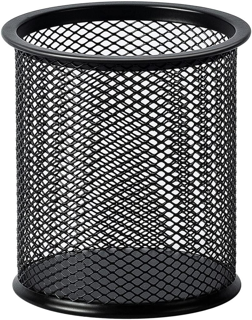 Metal Mesh Pen Stand for Office & Home Desk | Black Stationery Holder Organizer for Pens, Pencils, Markers, Makeup Brushes | Durable Round Wire Mesh Pen Stand (Pack of 1) (Black)