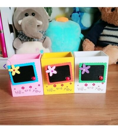 Multicolor Set of 2 Wooden Pen Pencil Holder with Blackboard Design for Kids Desk Stationery Return Gifts and More (Set of 2, Random Color)