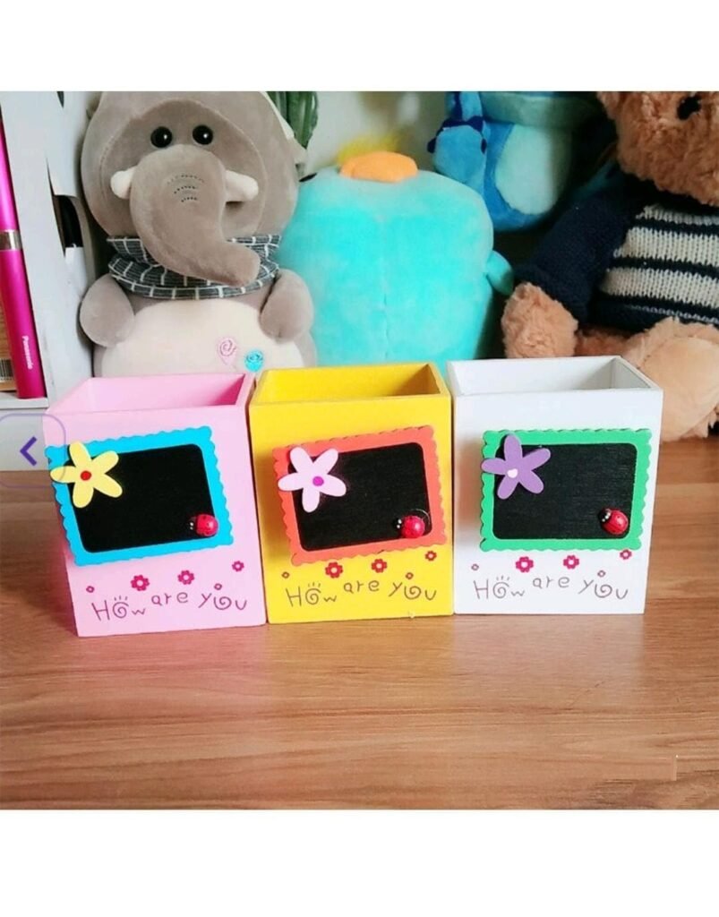 Multicolor Set of 2 Wooden Pen Pencil Holder with Blackboard Design for Kids Desk Stationery Return Gifts and More (Set of 2, Random Color)