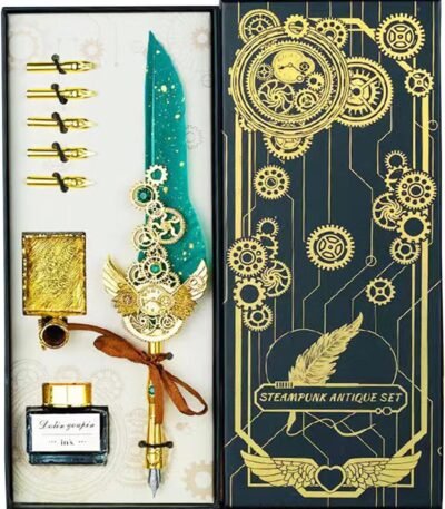 PLUSPOINT Vintage Quill Feather Pen and Ink Set, 8 pc pack Elegant Writing Luxury Fountain Calligraphy Ink Pen Set Retro Decor Dip Pen Office Stationery Corporate Gifting for...