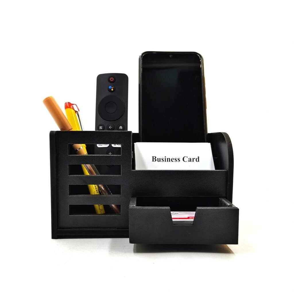 Wooden Desk Organizer - Pen Stand with Drawers, Mobile & Card Holder | Multipurpose Office & Study Table Organizer for Pens, Pencils, Stationery & Desk Supplies 3 in 1 (Black)