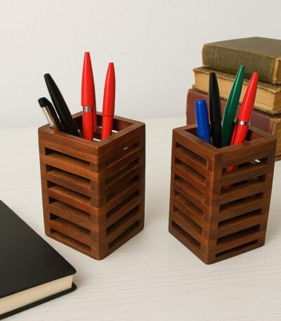 Wooden Modern Pen Stand Holder – Sleek Desk Organizer for Office Supplies & Stationery Storage (Pack of 2, 2.25 x 2.25 x 4 in)
