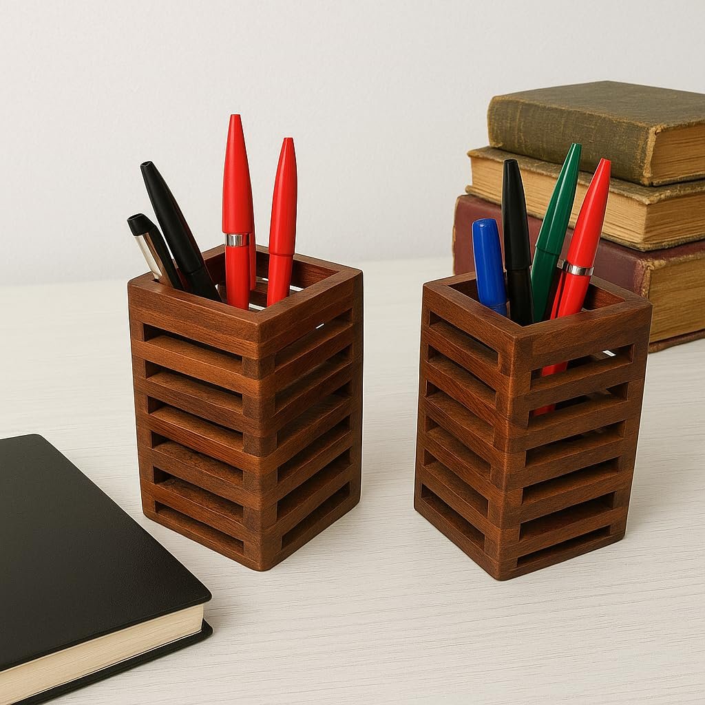Wooden Modern Pen Stand Holder – Sleek Desk Organizer for Office Supplies & Stationery Storage (Pack of 2, 2.25 x 2.25 x 4 in)