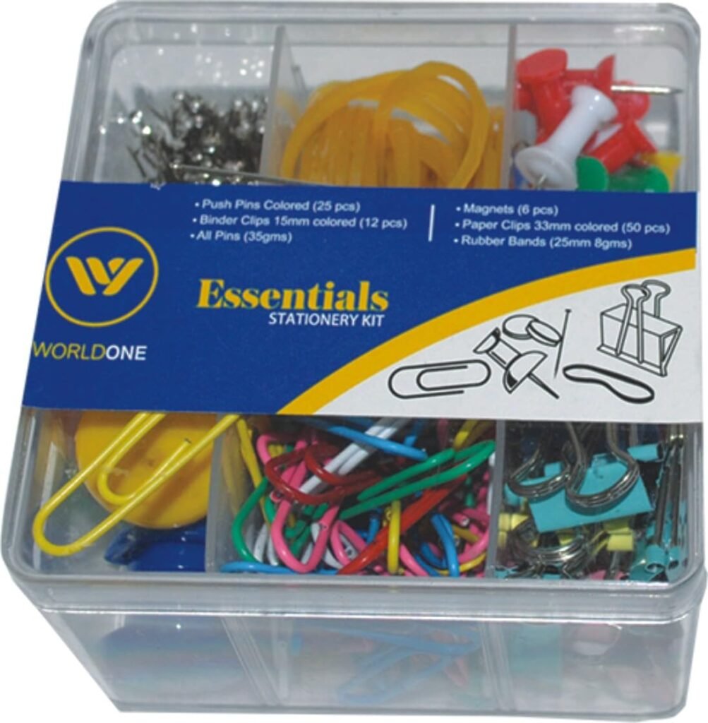 Worldone Essential Stationery Kit with 25 Pcs Colored Push Pins, 12 Binder Clip (15mm), 35gm Al Pins, 6 Pcs Magnets, 50 pcs 33mm Colored Paper Clips, 25mm Rubber Bands, Pack of...