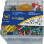 Worldone Essential Stationery Kit with 25 Pcs Colored Push Pins, 12 Binder Clip (15mm), 35gm Al Pins, 6 Pcs Magnets, 50 pcs 33mm Colored Paper Clips, 25mm Rubber Bands, Pack of...