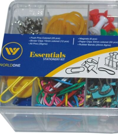 Worldone Essential Stationery Kit with 25 Pcs Colored Push Pins, 12 Binder Clip (15mm), 35gm Al Pins, 6 Pcs Magnets, 50 pcs 33mm Colored Paper Clips, 25mm Rubber Bands, Pack of...