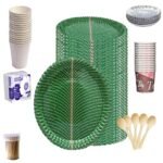 UR LITTLE SHOP 100% Biodegradable_Eco Friendly_12 Inch Paper Dinner Plates_Paper Glasses_ Tiffin Plates_Wooden Spoons_Paper Tea Cups_Tissues_Tooth Picks_All Items Pack of 100 Combo_ ULSP32