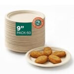 ECO SOUL | Disposable Bagasse Plates | 9 inch - Pack of 50 | Disposable Pooja Plates Big Size for Snacking & Everyday Use | Sturdy, Microwave Safe, Leak-Resistant | Sugarcane Bagasse