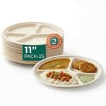 ECO SOUL | Round 4 Compartment Bagasse Plates | 11 Inch - Pack of 25 | Disposable Plates Big Size | Beige Eco-Friendly Sugarcane Pooja Plates | Sturdy, Compostable & Heat-Safe