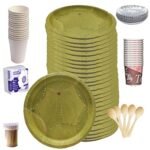 RED WIND 100% Biodegradable_Eco Friendly_12 Inch Leaf Dinner Plates_Paper Glasses_ Tiffin Plates_Wooden Spoons_Paper Tea Cups_Tissues_Tooth Picks_All Items Pack of 50 Combo_ RWPP18
