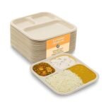 [3-Compartment, 25 Count, Beige Disposable Bagasse Plates | Eco-Friendly Sugarcane Meal Tray for Wedding, Party, Picnic, Event | Mess-Free Sections