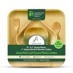 Areca Palm Leaf Dinnerware Set | 60 Pack for 12 Guests | 10" & 6" Square Plates, 4" Square Bowls & Wooden Cutlery | Use & Throw | Sturdy & Eco-Friendly Tableware for Party, Wedding, Birthday