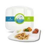 EATONS 4-Compartment, 50 Pack Bagasse Meal Tray [10.5"x9.6"] Disposable Plates Big Size | Compostable Sugarcane Paper Plates | Thali, Birthday Party, Wedding Plates | Rectangular | White