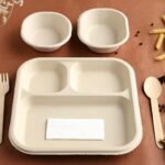VIK® 3 Compartment Rectangular Disposable Plates (25), 250ml Bowls (25), 180ml Bowls (25), Spoons (25), Forks (25), Napkin (50), Bagasse Plates Bowls, Party Disposal Thali Brown