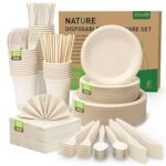 400PCS Disposable Paper Plates Set, Compostable Eco-friendly Dinnerware Set, Biodegradable Heavy-Duty Paper Plates, Utensils, Cups and Straws for Party Camping Natural Brown, Solid, Bagasse